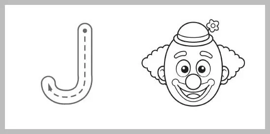 A black and white education worksheet component showing a large hollow letter J with a dashed tracing line and arrow next to a smiling cartoon clown face wearing a hat with a flower.