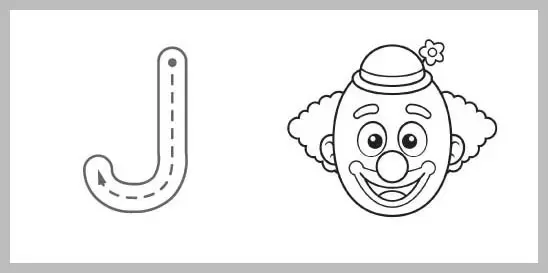 A black and white education worksheet component showing a large hollow letter J with a dashed tracing line and arrow next to a smiling cartoon clown face wearing a hat with a flower.