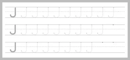 An educational worksheet featuring three horizontal rows of the capital letter J on lined paper for tracing exercises.