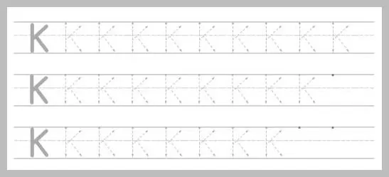 An educational worksheet segment showing three horizontal rows of the capital letter K on lined paper, with dotted letters for tracing and directional arrows.