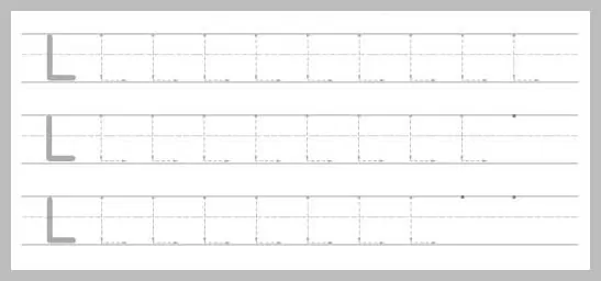 An educational worksheet segment showing three horizontal rows of the capital letter L on lined paper, with dotted letters for tracing and guiding dots at the end of each row.