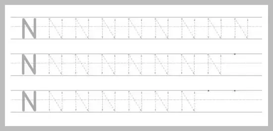 A worksheet with three rows of dotted uppercase N's for tracing practice, with solid N's at the beginning of each row and dots indicating starting points.