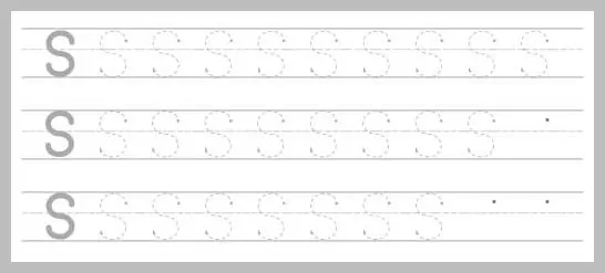 A worksheet with three rows of dotted uppercase S's for tracing practice, with solid S's at the beginning of each row and dots indicating starting points.