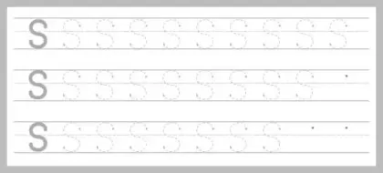 Uppercase Letter S Tracing Practice Worksheet A worksheet with three rows of dotted uppercase S's for tracing practice, with solid S's at the beginning of each row and dots indicating starting points.