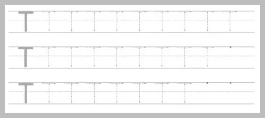 Three horizontal rows of the uppercase letter T on lined paper for practice, beginning with solid letters and following with multiple dashed letters for tracing and guiding dots.