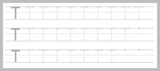 Uppercase Letter T Handwriting Exercise Rows Three horizontal rows of the uppercase letter T on lined paper for practice, beginning with solid letters and following with multiple dashed letters for tracing and guiding dots.