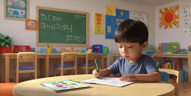 A young Asian boy with dark hair wearing a blue t-shirt sits at a round wooden table, focused on drawing or writing in a notebook with a blue pencil. A chalkboard with chalk writing and colo
