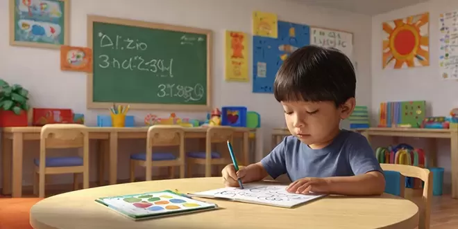 A young Asian boy with dark hair wearing a blue t-shirt sits at a round wooden table, focused on drawing or writing in a notebook with a blue pencil. A chalkboard with chalk writing and colo