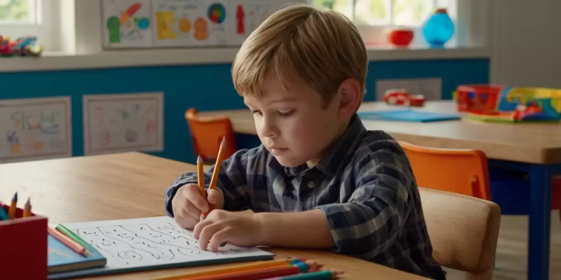 A young boy with blond hair, wearing a blue plaid shirt, sits at a wooden desk in a classroom and carefully traces lines on a worksheet with a pencil.