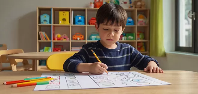 A young boy with dark brown hair and a navy striped sweater sits at a wooden table, carefully drawing on a worksheet with a yellow pencil. Behind him is a classroom shelf filled with colorfu