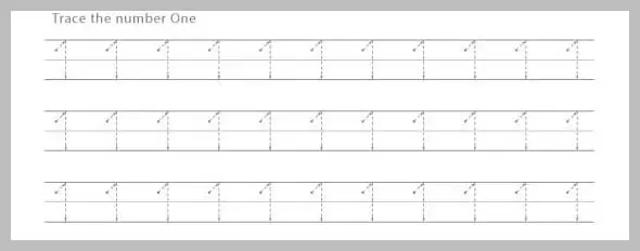Number One Tracing Worksheet A worksheet with multiple rows of dotted lines and numbers '1' for tracing practice.