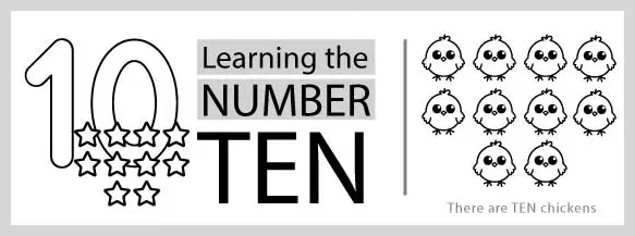 Number ten worksheet showing ten chicks to help children practice counting and numeral recognition
