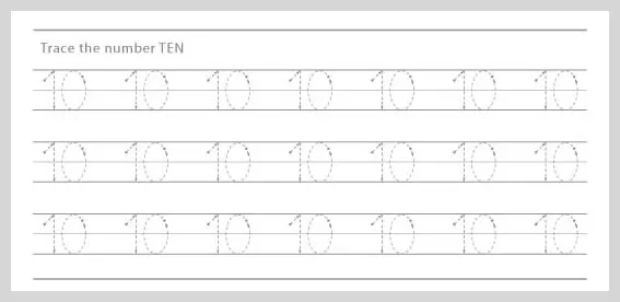 Guided worksheet for tracing the number ten to improve handwriting and number formation