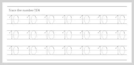 Guided worksheet for tracing the number ten to improve handwriting and number formation