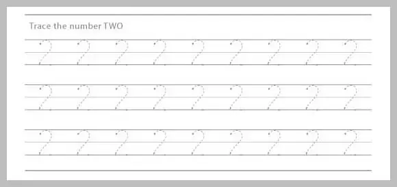 Worksheet with dotted lines for tracing the number 2, arranged in rows.