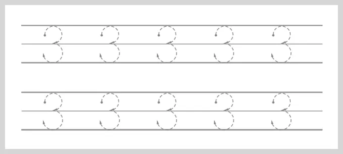 An educational tracing sheet showing ten dashed number threes arranged in two horizontal rows on lined paper, each including small arrows to show the proper writing strokes.