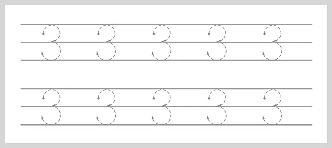 An educational tracing sheet showing ten dashed number threes arranged in two horizontal rows on lined paper, each including small arrows to show the proper writing strokes.