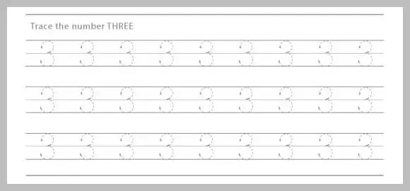 Worksheet with dotted lines for tracing the number 3, arranged in rows.