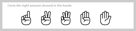 Hands showing different finger counts where children identify the correct number five
