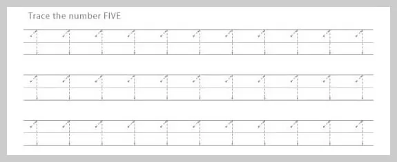 Practice sheet for tracing the number five repeatedly on guided lines