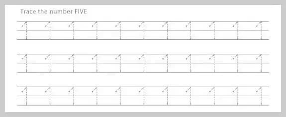 Practice sheet for tracing the number five repeatedly on guided lines