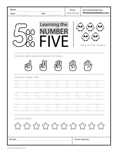 Learning the Number 5 Worksheet: Trace, Count, and Color