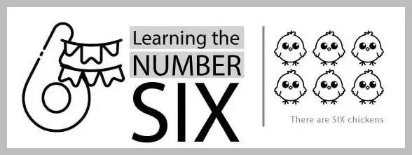Illustration for learning the number six, featuring a large number six with bunting, the words "Learning the NUMBER SIX", and six cartoon chickens.