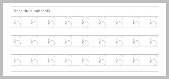 A worksheet with multiple dotted lines for tracing the number six.