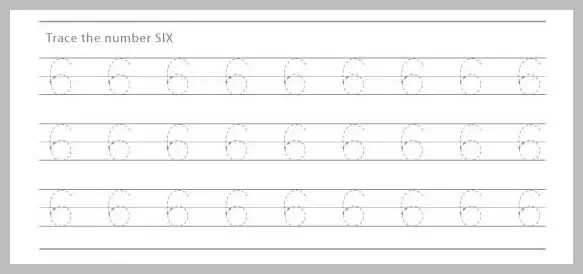 A worksheet with multiple dotted lines for tracing the number six.
