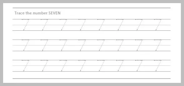 Worksheet with dashed lines for tracing the number seven.