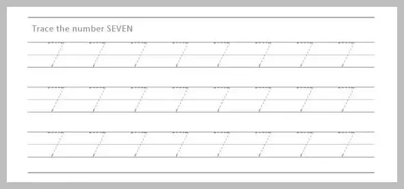 Worksheet with dashed lines for tracing the number seven.