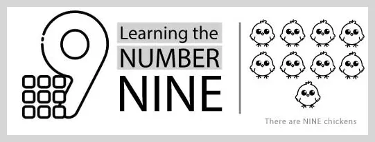 Illustration of the number nine with a keypad and nine chickens.