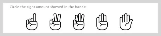 Worksheet with the text 'Circle the right amount showed in the hands:' followed by five hands showing one, two, three, four, and five fingers respectively.