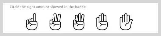 Worksheet with the text 'Circle the right amount showed in the hands:' followed by five hands showing one, two, three, four, and five fingers respectively.