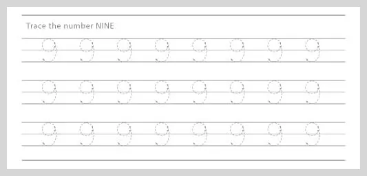 Guided tracing worksheet designed for practicing the number nine