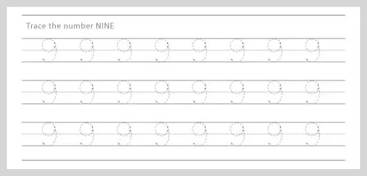 Guided tracing worksheet designed for practicing the number nine