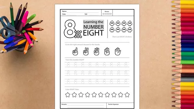 A printable worksheet for children learning the number eight, featuring the numeral '8', dotted lines for tracing, hand illustrations showing eight fingers, and eight chicken drawings.