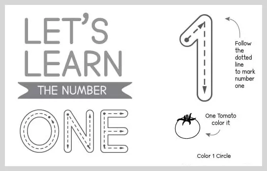 A black and white educational worksheet for learning the number one, featuring tracing guides for the numeral '1' and the word 'ONE', a tomato to color, and a circle to count.