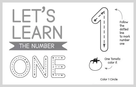 A black and white educational worksheet for learning the number one, featuring tracing guides for the numeral '1' and the word 'ONE', a tomato to color, and a circle to count.