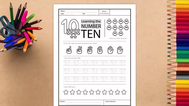 A printable worksheet for children learning to recognize and write the number ten, featuring illustrations of the numeral 10, stars, hands showing ten fingers, and ten chickens.