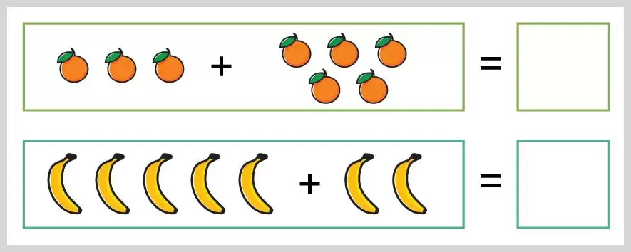 Printable addition worksheet featuring oranges and bananas for beginner math practice