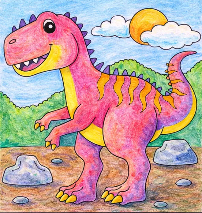 Printable worksheet image showing pink-dinosaur-coloring-page-crayons-finished-art