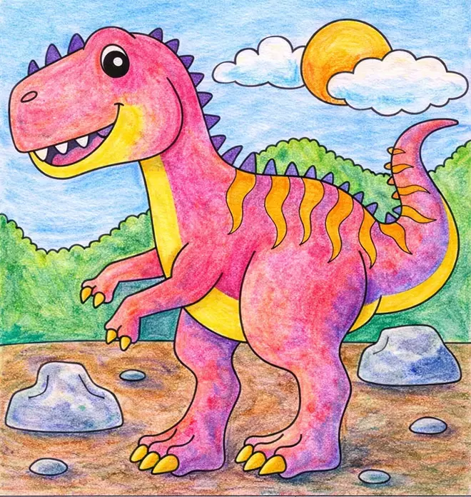 Printable worksheet image showing pink-dinosaur-coloring-page-crayons-finished-art