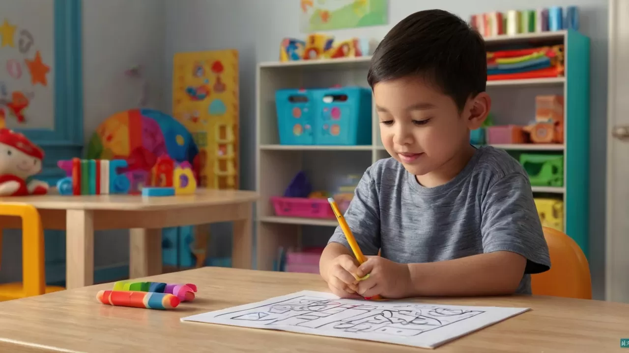A young boy sits at a wooden table, focused on coloring a worksheet with a yellow pencil. Crayons are laid out on the table.