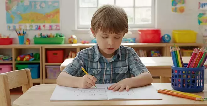 A young boy with brown hair, wearing a blue plaid shirt, is focused on drawing with a yellow pencil on a worksheet at a wooden desk in a classroom.