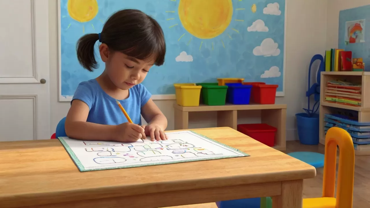 Young preschool girl completing a number worksheet during a classroom learning activity