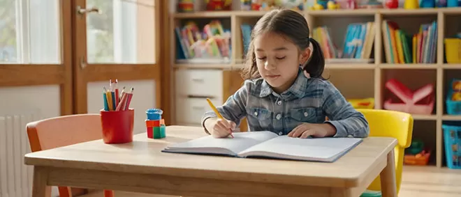 A young girl with dark hair, wearing a blue plaid shirt, is focused on writing with a yellow pencil in an open notebook at a wooden desk in a classroom.