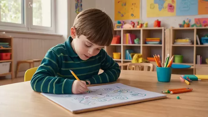 Creative Learning Time with Worksheets for Kids Little boy concentrating on drawing and writing on a worksheet in a bright classroom