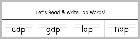 Worksheet header with the text 'Let's Read & Write -ap Words!' above four boxes containing the words 'cap', 'gap', 'lap', and 'nap'.