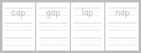 Worksheet with four columns, each showing a dotted word ending in '-ap' (cap, gap, lap, nap) above lines for tracing practice.